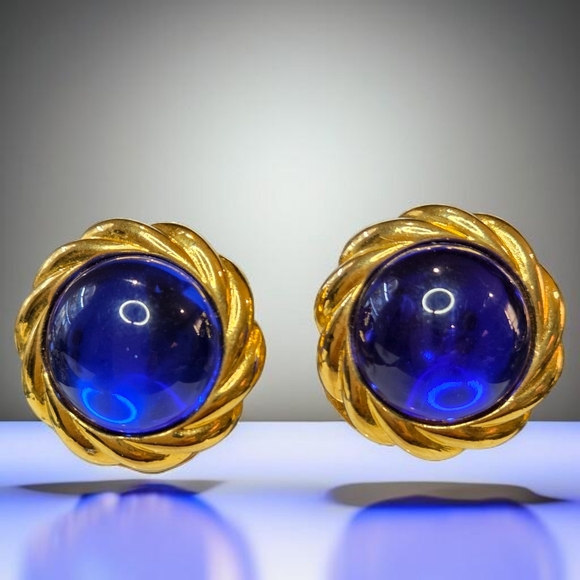 Kenneth Jay Lane Jewelry - Gold Plated KJL Sapphire Glass Domed Cabochon Clip-on Earrings